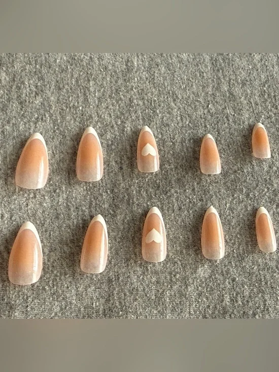 Neutral French Ombre Press-On Nails with Heart Accent