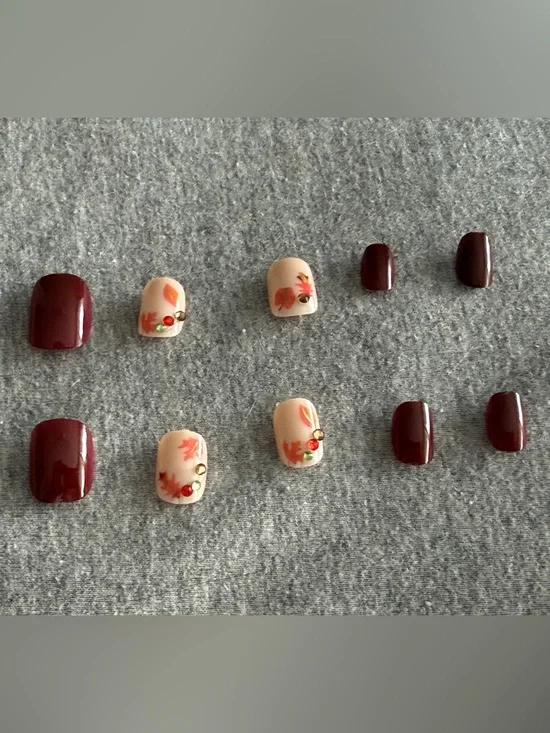 Autumn Floral Press-On Nails in Deep Burgundy & Nude