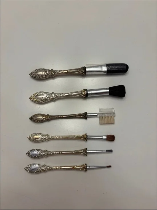 Vintage 6-piece silver-plated makeup brush vanity set with ornate scroll handle