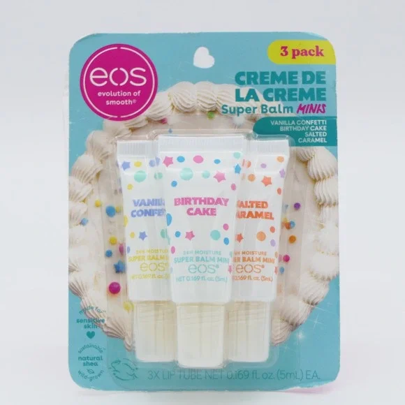 EOS Creme De La Creme Super Balm Minis 3 Pack Tube Vanilla Birthday Cake Caramel