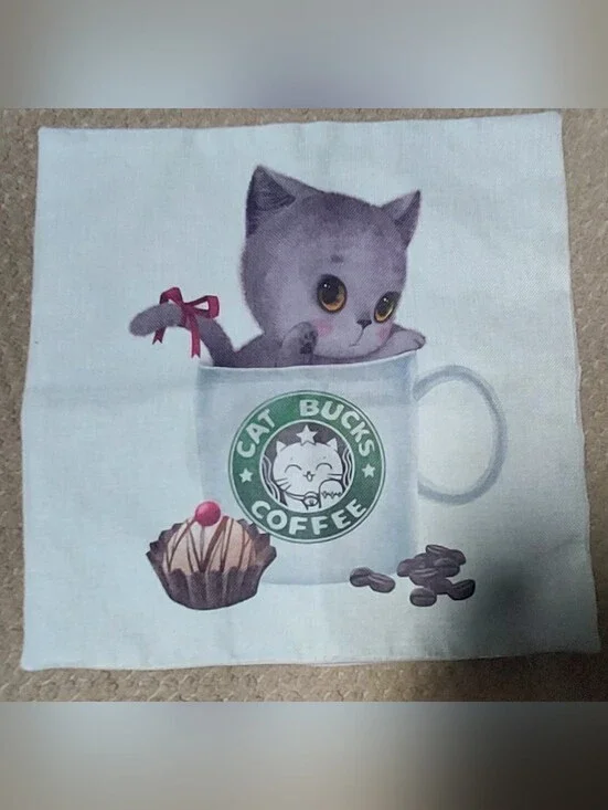 Cat Bucks Coffee Pillowcase Pillow Cover Green Logo Kitty Kitten Cup Burlap 17