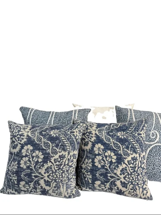 Pottery Barn Pillow 20x20 Blue Floral Cotton Linen Feather Blend Boho Set Lot 5