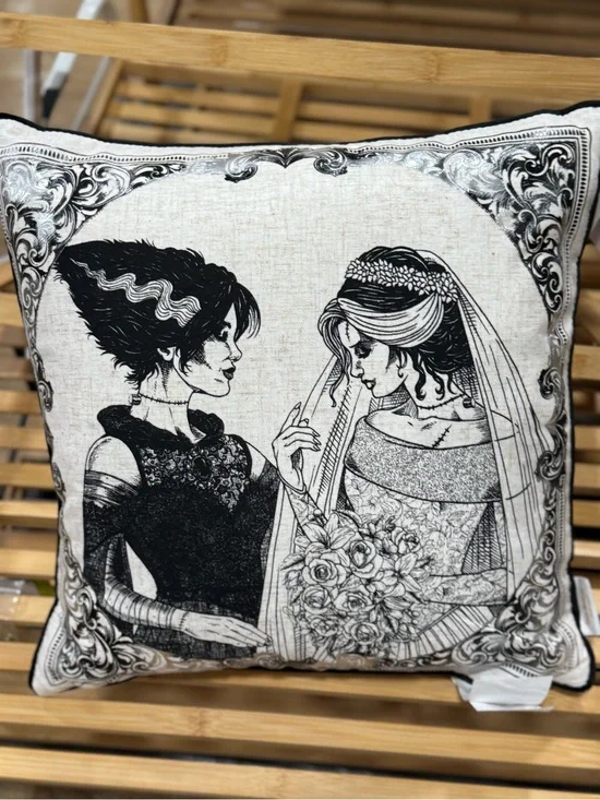 Isaac Mizrahi Black and White Gothic Bride Illustration Throw Pillow