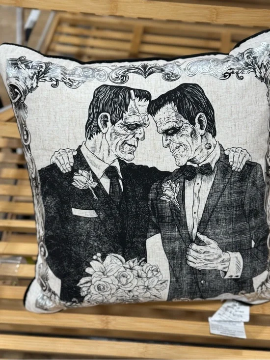 Isaac Mizrahi Black and Cream Gothic Frankenstein Grooms Decorative Pillow