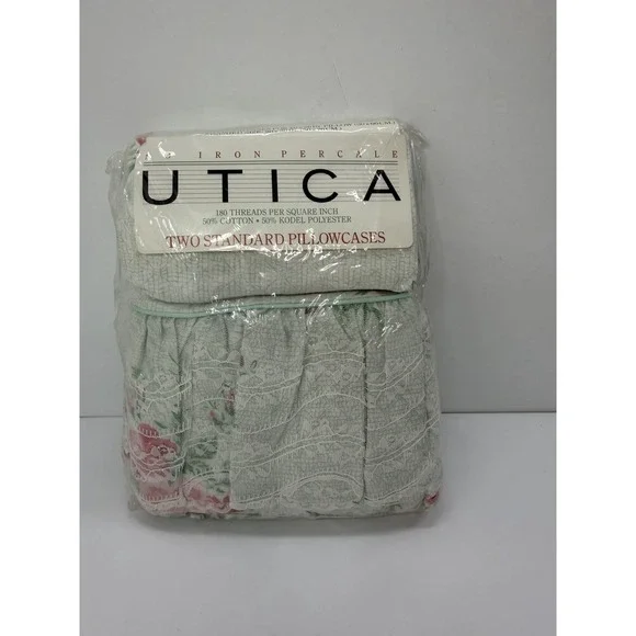 Utica 2 Standard Pillowcases Maiden Lace Ruffle Rose Floral Vintage No Iron