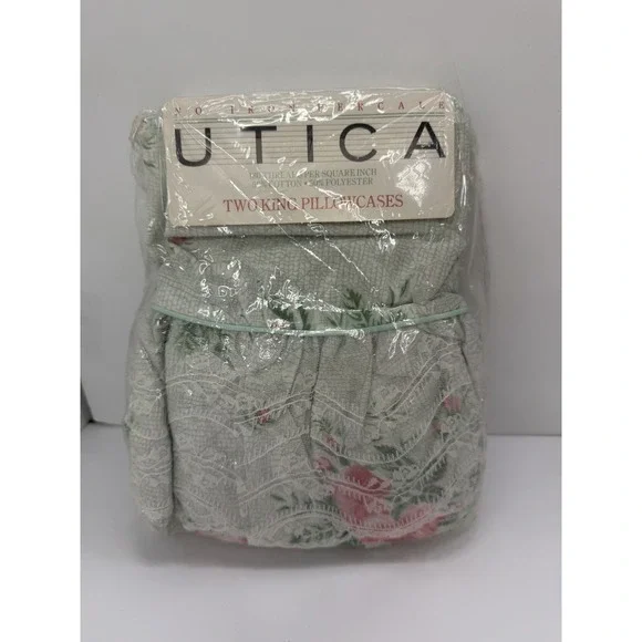 Utica 2 King Pillowcases Maiden Lace Ruffle Rose Floral Vintage No Iron Percale