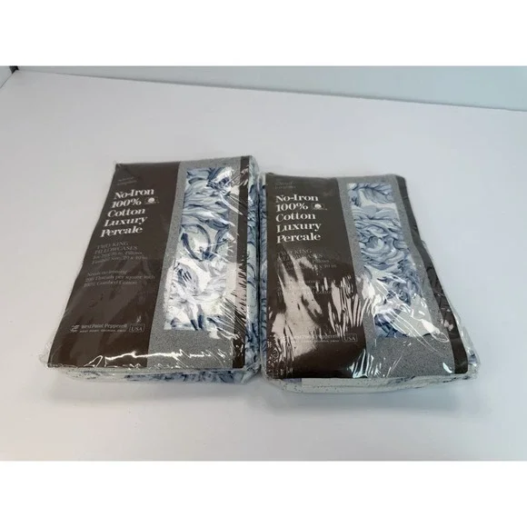 West Point Pepperell 4 - King Size Pillowcases Combed Cotton Whit Blue Floral