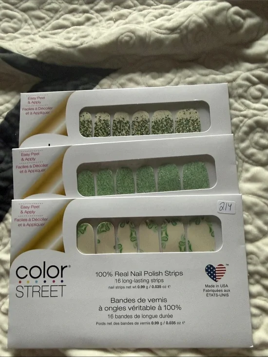 Color Street Green Nail Strips Trio - Glitter, Solid & Vine Designs