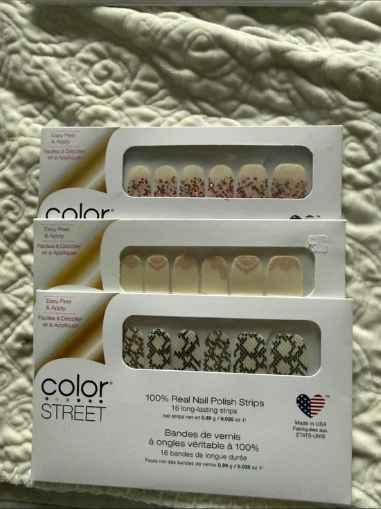 Color Street Neutral Cream Nail Strips with Pink Glitter & Snakeskin Accents