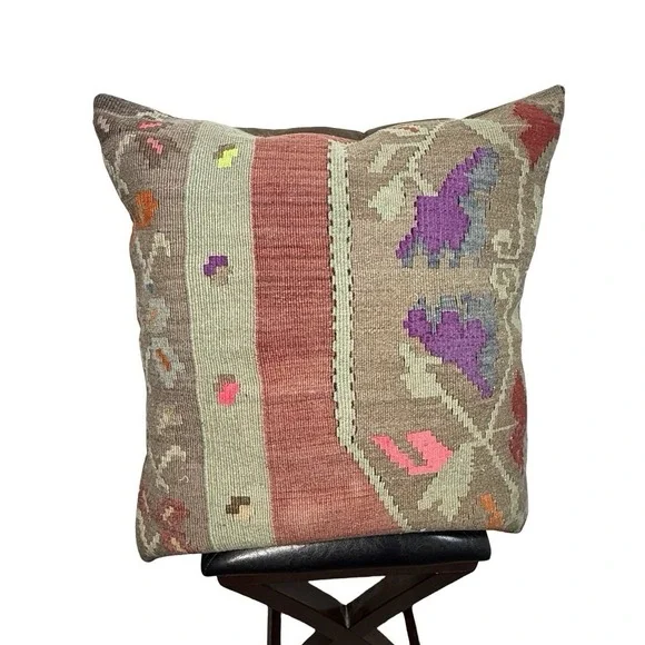 24x24 Vintage Turkish Kilim Wool Pillow Handmade Boho Rug Pillow w/ Insert
