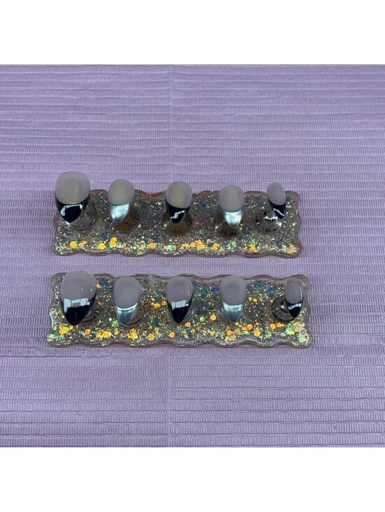 Extra short stiletto Press on nails black French tips nude silver chrome