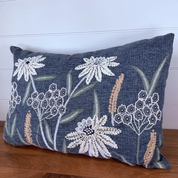 Mainstays Chambray Embroidered Botanical Decorative Pillow Boho Cottagecore