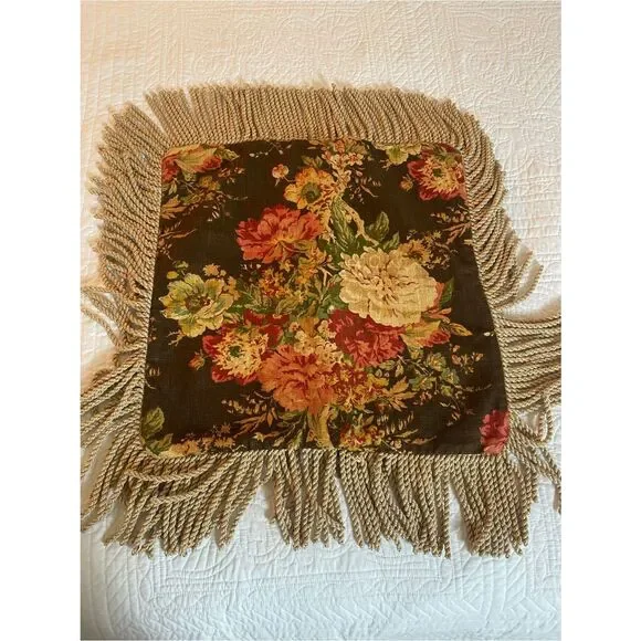 Floral Fringe Decorative Pillow Cover - Black with Multicolor Floral Print New