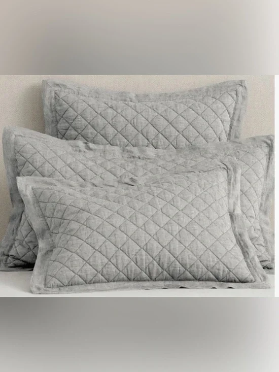 2 Pottery Barn Linen Diamond Quilted Standard Pillow Shams. Gray