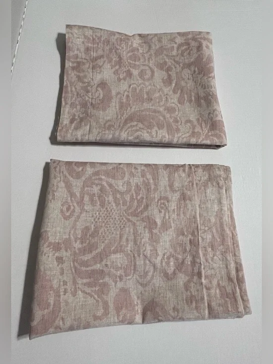 2  Pottery Barn Stella Linen Blend Damask KING Pillow Shams PAIR Pink Rosewood