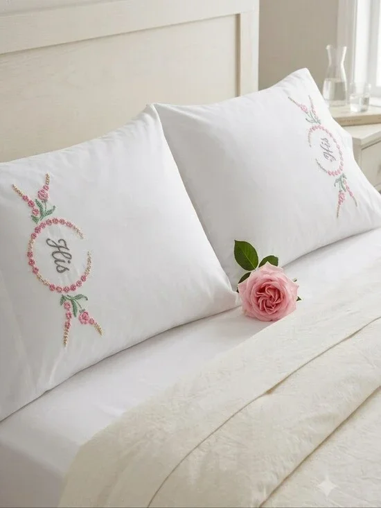 Thomaston Hand Embroidered His & Hers Pillowcases Vintage Floral Percale Cotton