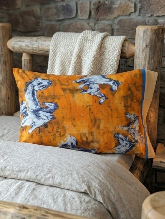 Handmade Vintage Horse Pillowcase Watercolor Print Standard Size Orange Blue