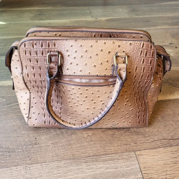Est 1946 Brown Faux Ostrich Crocodile Embossed Triple Compartment Satchel Bag