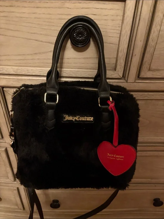 Juicy Couture Black Faux Fur Satchel with Red Heart Charm Accent