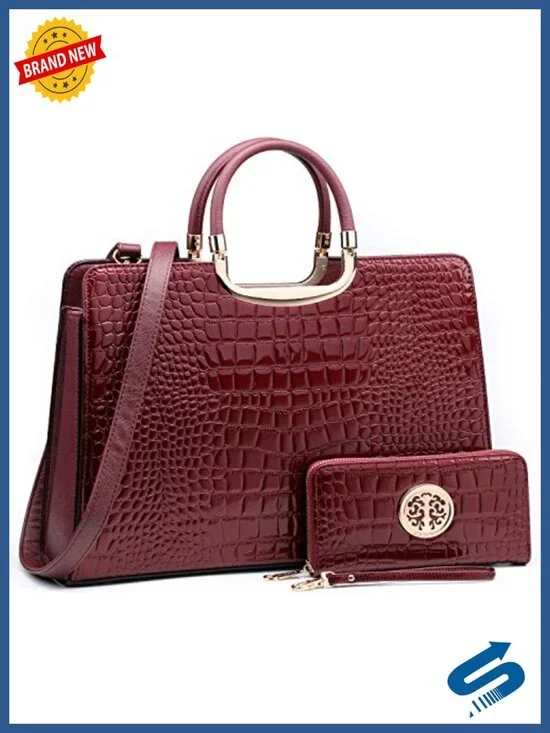 Vegan PU Croco Textured Patent Leather Satchel Tote with Wallet