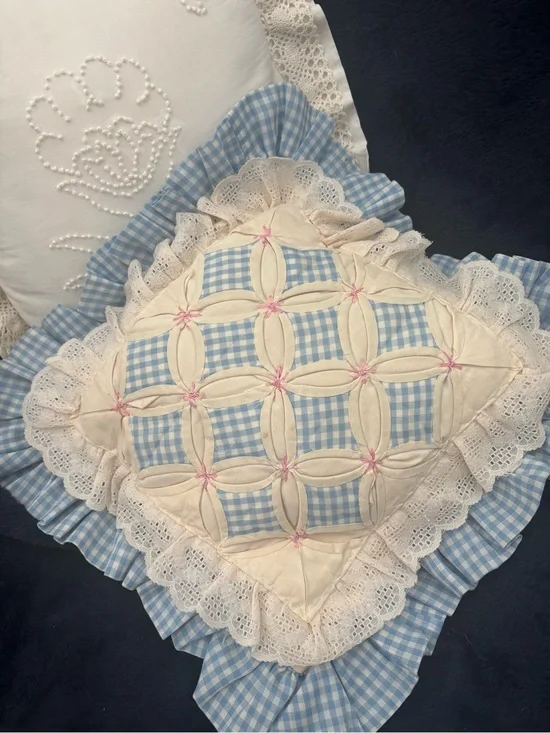 Handcrafted Blue Gingham Pillow Cathedral Window  w/Lace Final Sale
