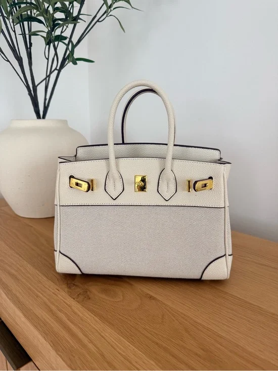 Cream Structured Faux Leather Handbag Bag with Gold Hardware