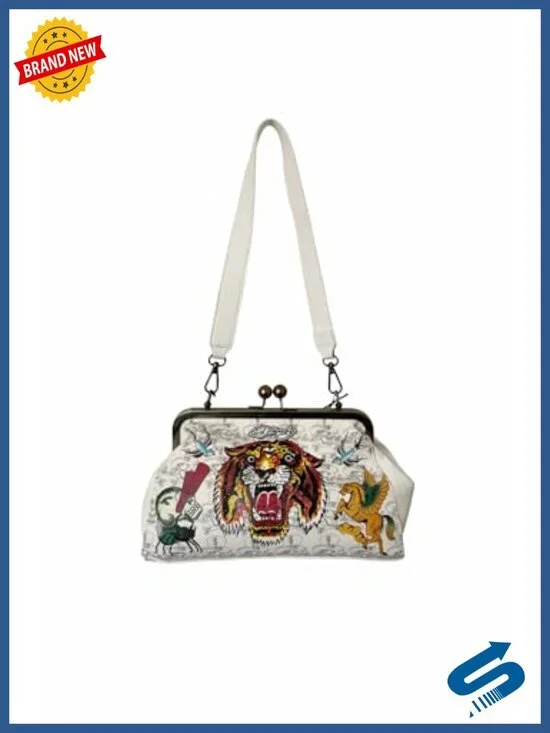 Vintage Kiss Lock Frame Satchel Bag with Tiger Graphics, Faux Leather Shoulder