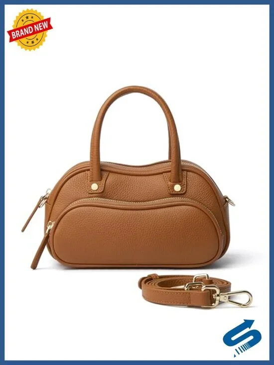Genuine Leather Boston Satchel Crossbody Bag with Detachable Strap