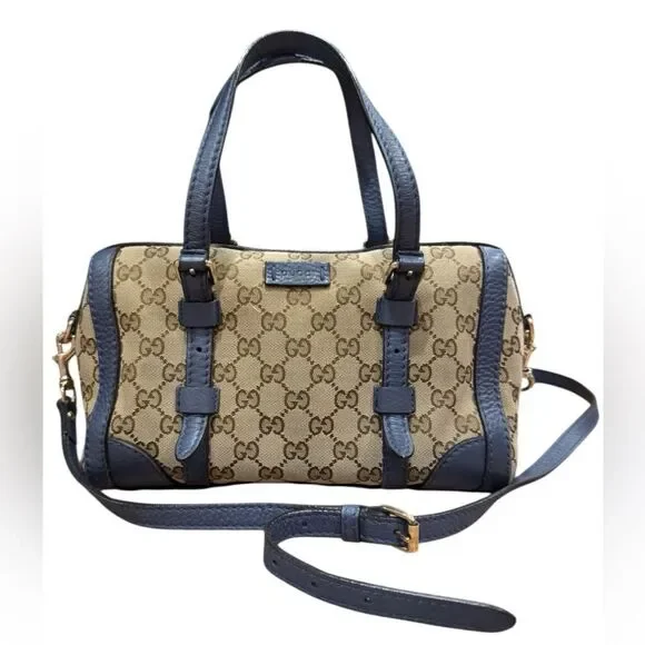 GUCCI Beige Brown GG Canvas Blue Leather Trim Small Belted 2way Boston Bag
