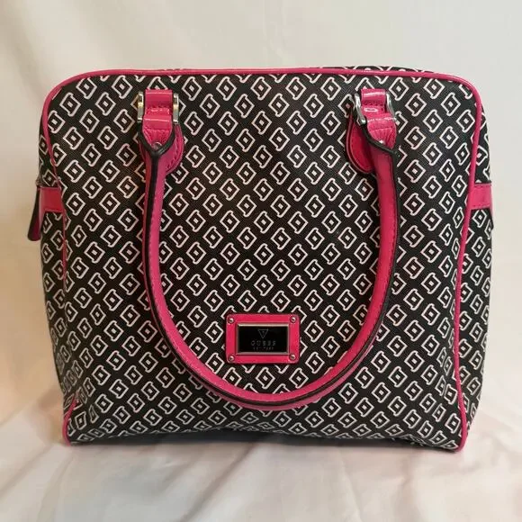 GUESS Satchel Black/White with Pink Trim Zipper Closure‎ Handbag