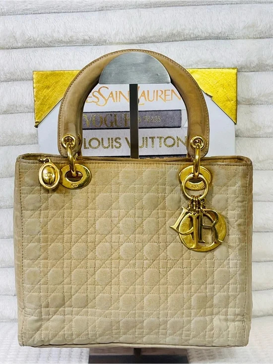 Christian Dior Vintage Lady Dior Bag Cannage Tan Quilted Nylon w/ COA