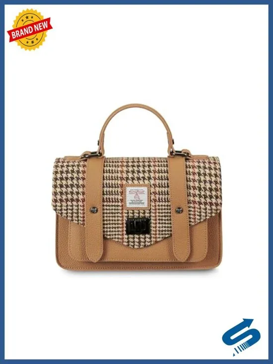 Harris Tweed and Genuine Leather Satchel with Adjustable Strap