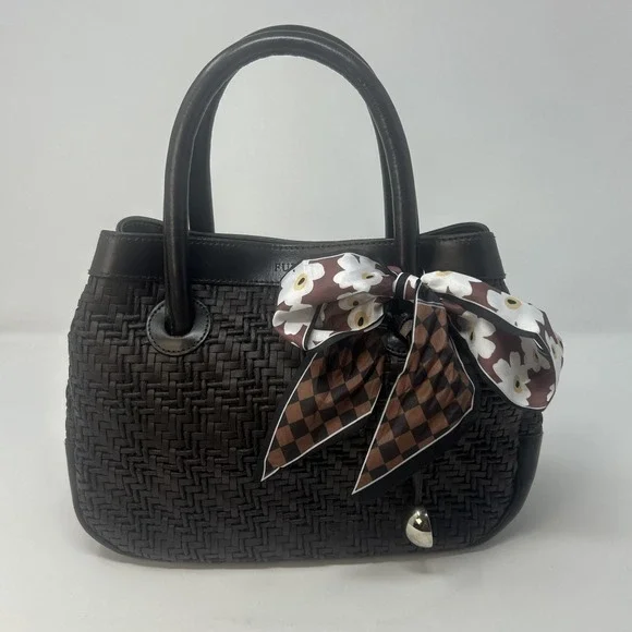FURLA Italy Dark Brown Leather Woven Handbag Purse Satchel