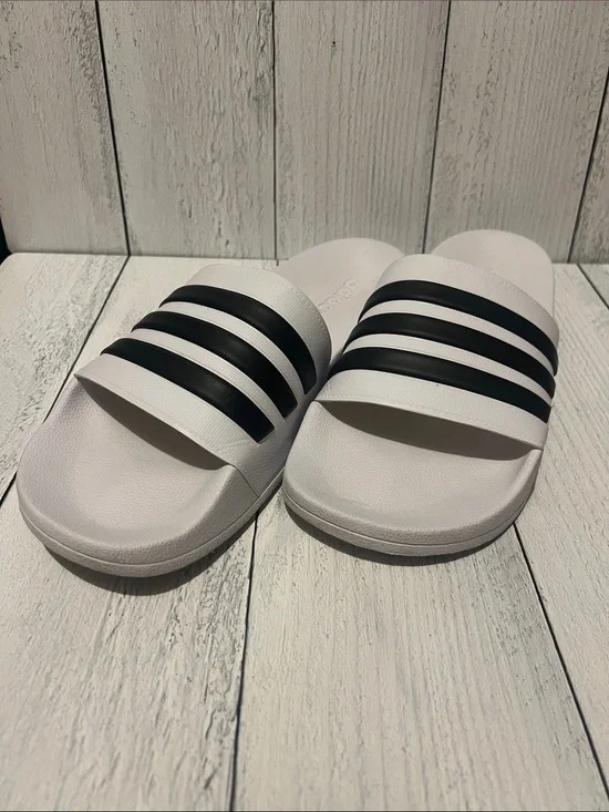 Adidas White Slide Sandals with Black Stripes - Classic Slip-On