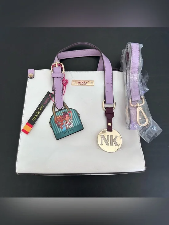 Nicole Lee White & Lavender Satchel with Gold NK Charm