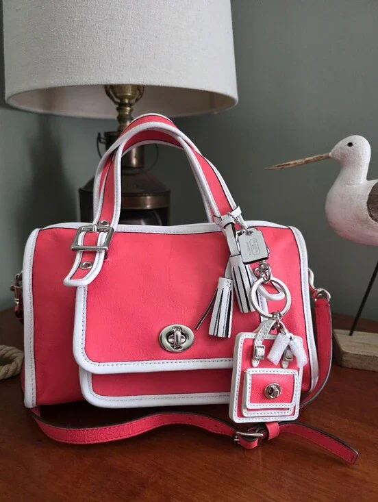 Coach Legacy Archive Turnlock Satchel Watermelon Pink Leather Crossbody Charm