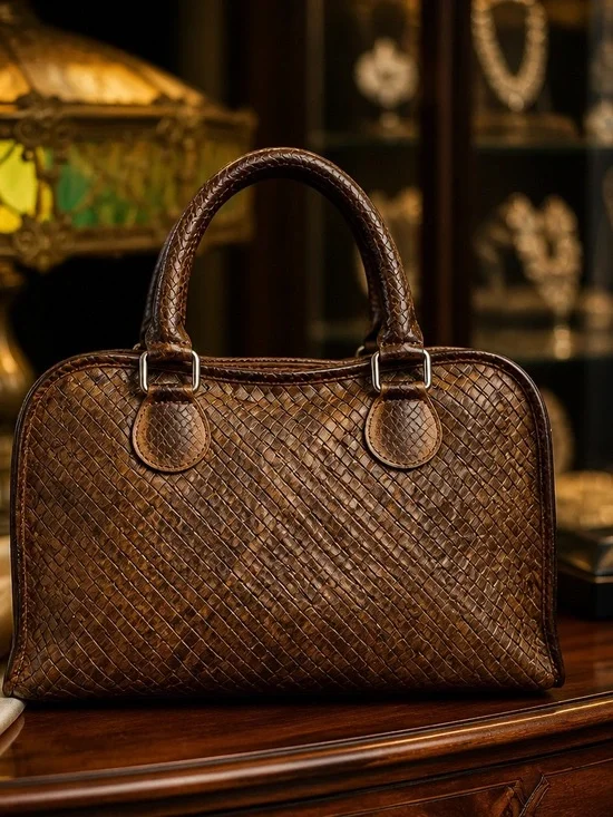 Woven authentic python skin Satchel Handbag - Brown