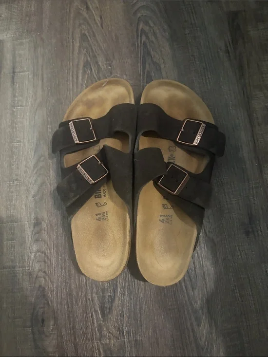 Birkenstock Black Double-Strap Suede Sandals with Rosegold Buckles