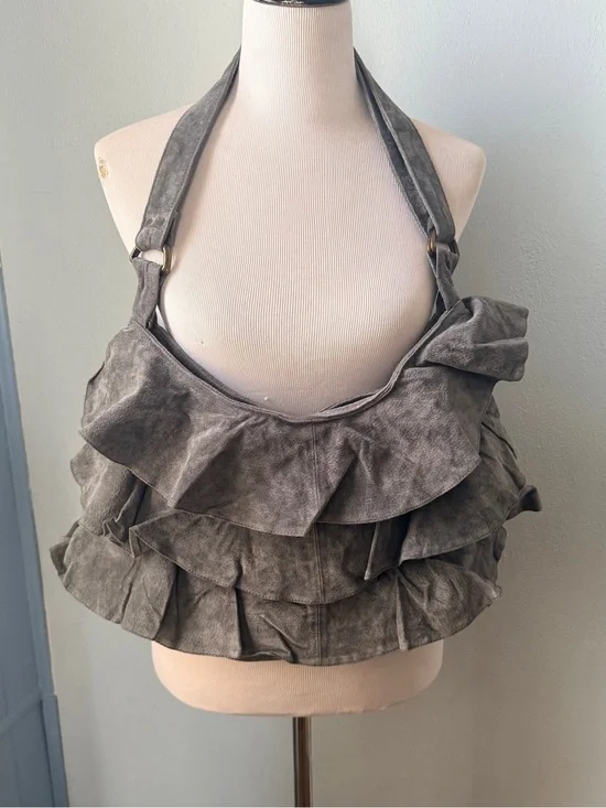 Vintage Lizden Gray Suede Leather Ruffle Satchel Boho Handbag Purse