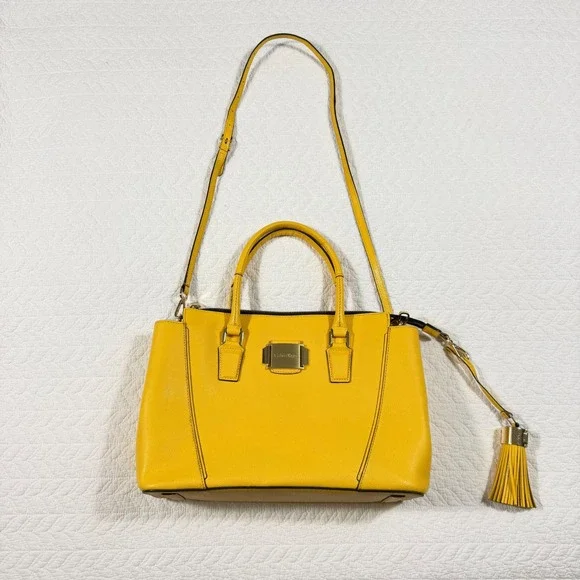 Calvin Klein Satchel Handbag Womens Yellow Designer Faux Leather Tassel EUC