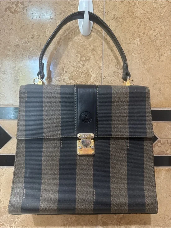 Authentic vintage Fendi Black and Brown Striped Top-Handle Satchel