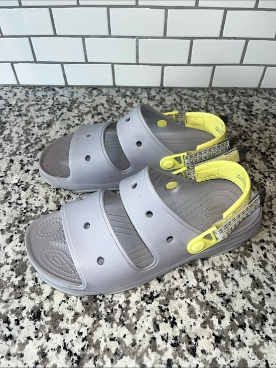 CROCS mens Gray Sport Sandals with Neon Yellow Heel Strap