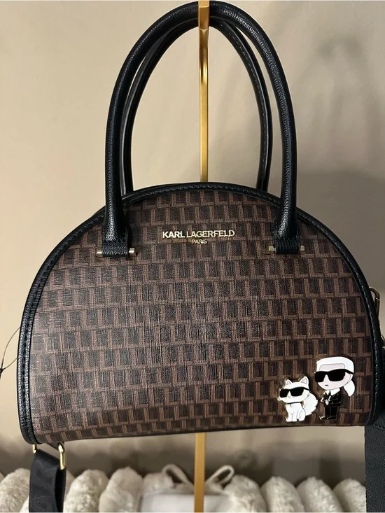 Karl Lagerfeld Brown & Black Monogram Dome Satchel NWT