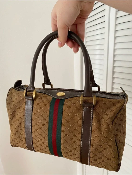Brown Canvas Satchel with Green and Red Web Stripe