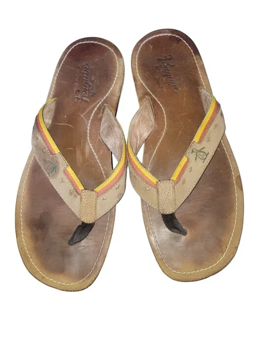 Penguin Men's Tan Leather Flip Flop Multi Colored Striped Rainbow Detail 13
