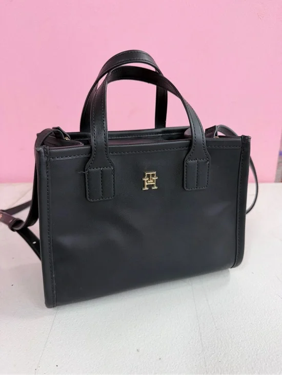 Tommy Hilfiger Black Leather Satchel with Gold Logo