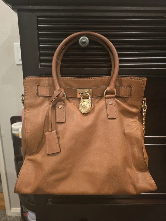 Michael Kors Cognac Leather Satchel with Gold-Tone Lock