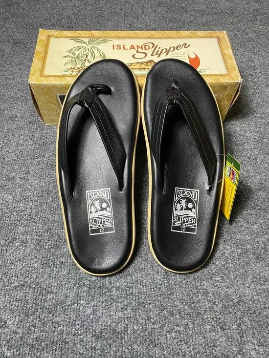 New -Island Slipper Men’s Black Leather Flip Flops / Thong PT202 Size 12