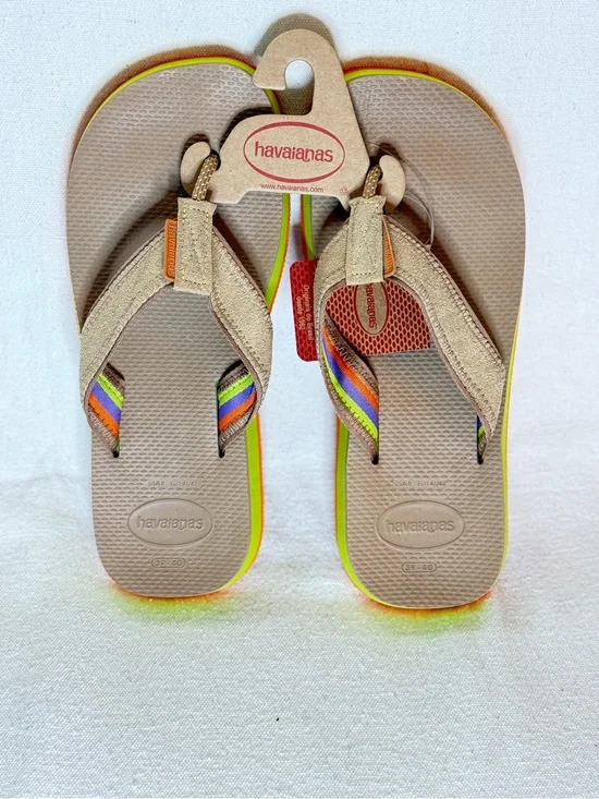 🆕 Havaianas Beige Flip Flops with Rainbow Strap and Neon Yellow Trim