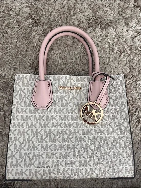 Michael Kors Pink Handle Cream MK Logo Satchel